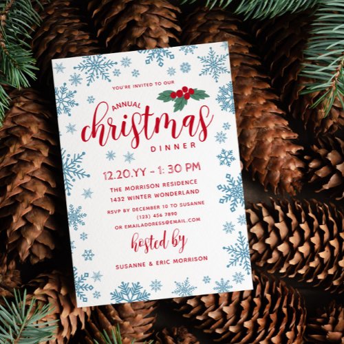Blue Red Holly Snowflakes Christmas Dinner Invitation