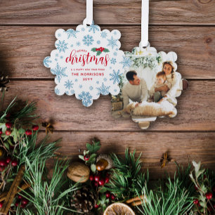 Blue Red Holly Snowflakes Merry Christmas Photo Ornament Card