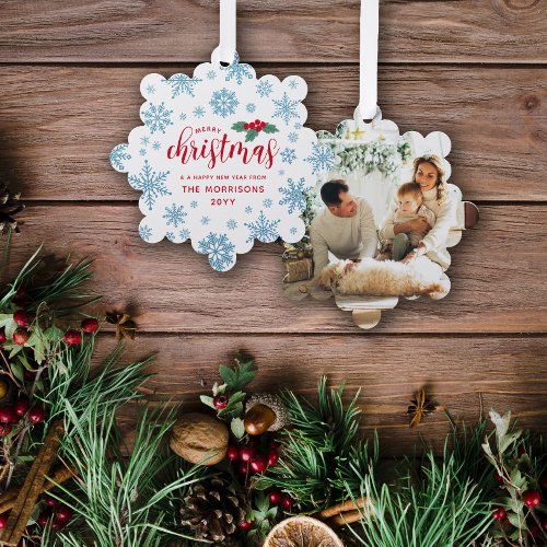 Blue Red Holly Snowflakes Merry Christmas Photo Ornament Card