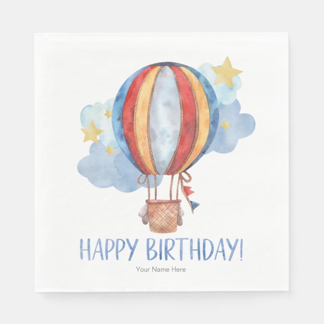 Blue Red Hot Air Balloon Stars Kids Happy Birthday Napkins (Front)