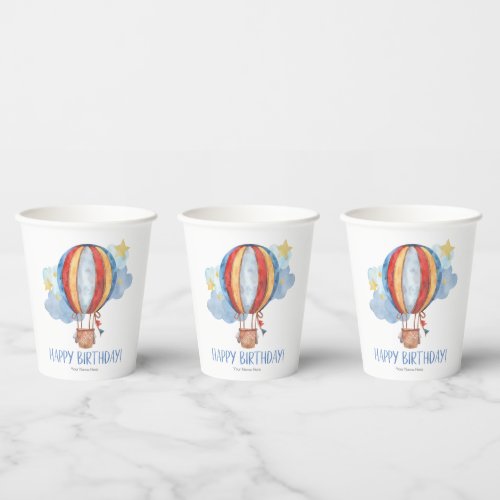 Blue Red Hot Air Balloon Stars Kids Happy Birthday Paper Cups