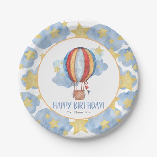 Blue Red Hot Air Balloon Stars Kids Happy Birthday Paper Plates