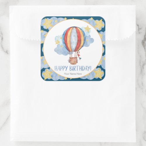 Blue Red Hot Air Balloon Stars Kids Happy Birthday Square Sticker