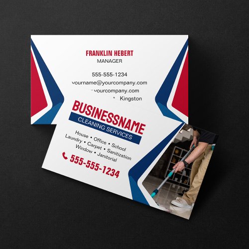 Blue  Red House Cleaning Office Cleaning Maid Business Card