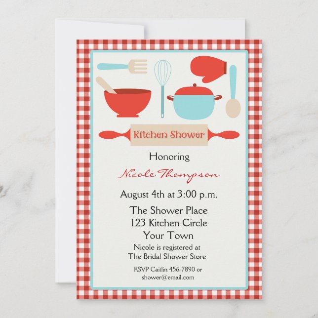 Blue & Red Kitchen Utensils Bridal Shower Invitation (Front)