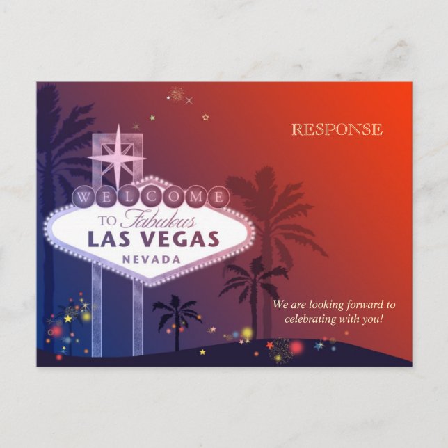 Blue & Red Las Vegas Wedding RSVP Invitation Postcard (Front)