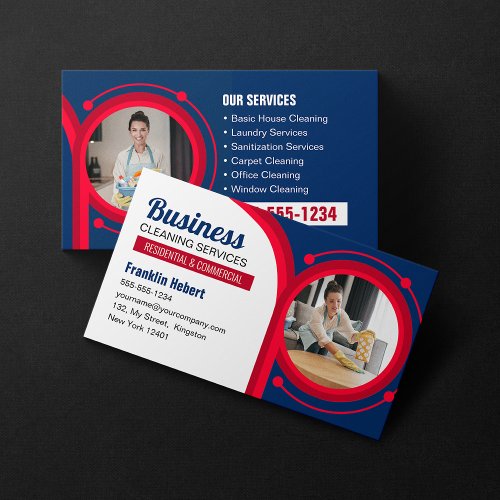 Blue  Red Maid House Cleaning Janitorial Clean Business Card