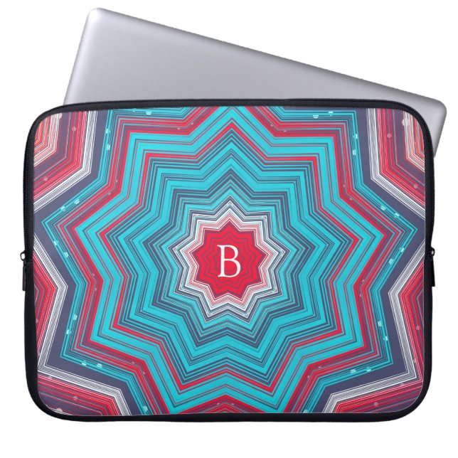 Blue & Red Mandala Rosette Pattern Monogram Laptop Sleeve (Front)