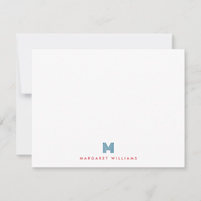 Blue Red Modern Art Deco Monogram Personalized Note Card (Front)