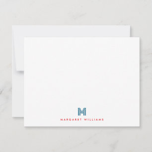 Blue Red Modern Art Deco Monogram Personalized Note Card