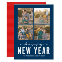 Blue Red Modern Happy New Year Photo Collage Card