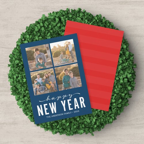 Blue Red Modern Happy New Year Photo Collage Holiday Card