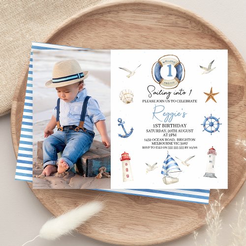 Blue Red Modern Sailing into Nautical 1st Birthday Invitation