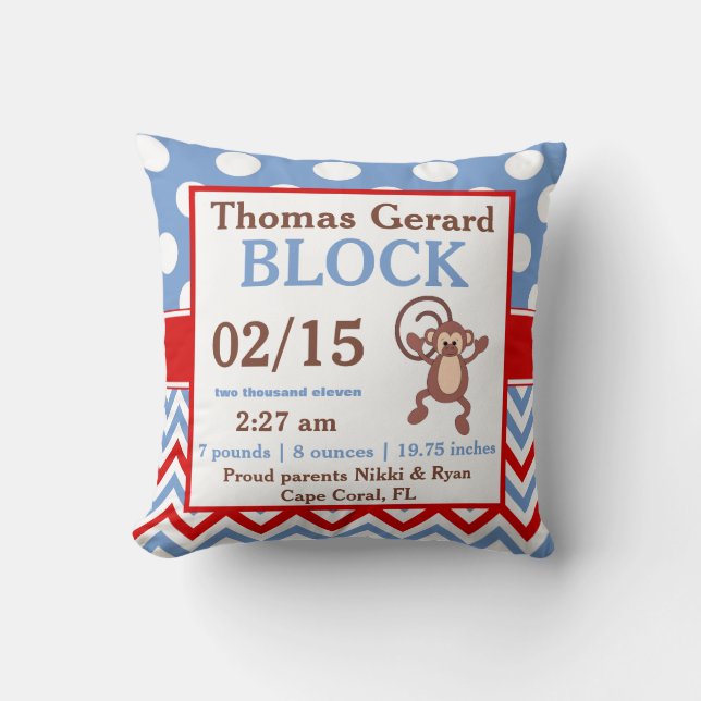 Blue Red Monkey Personalized Baby Announcement Throw Pillow (Front)
