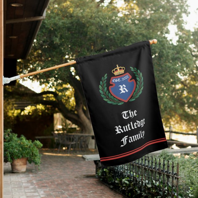 Blue Red Monogrammed Crest Crown Laurel Wreath House Flag (In SItu)