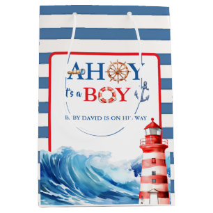 Blue Red Nautical Ahoy Boy Lighthouse Baby Shower Medium Gift Bag