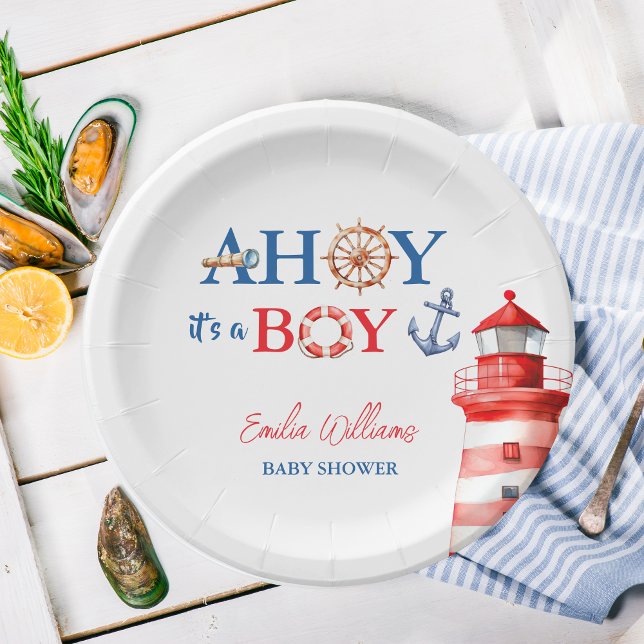 Blue Red Nautical Ahoy Boy Lighthouse Baby Shower Paper Plates (Creator Uploaded)
