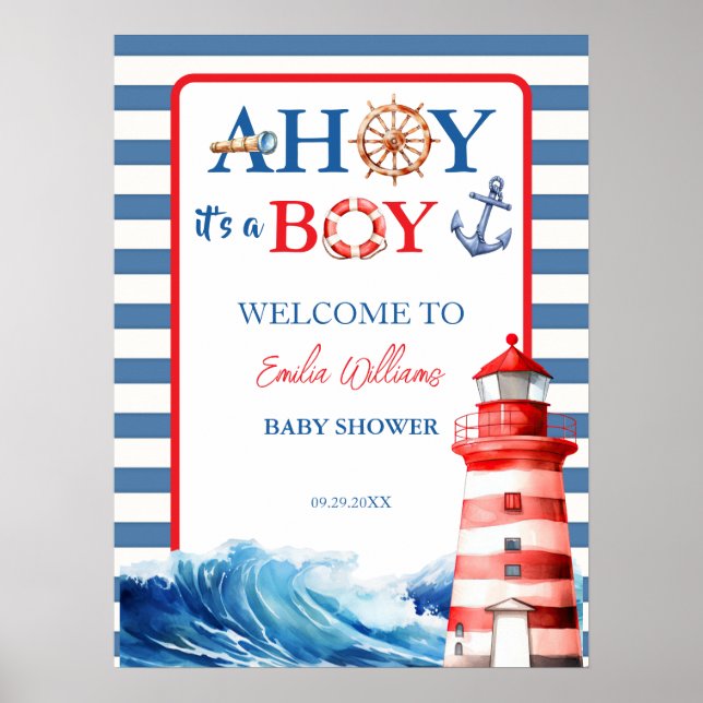 Blue Red Nautical Ahoy Boy Lighthouse Baby Shower  Poster (Front)