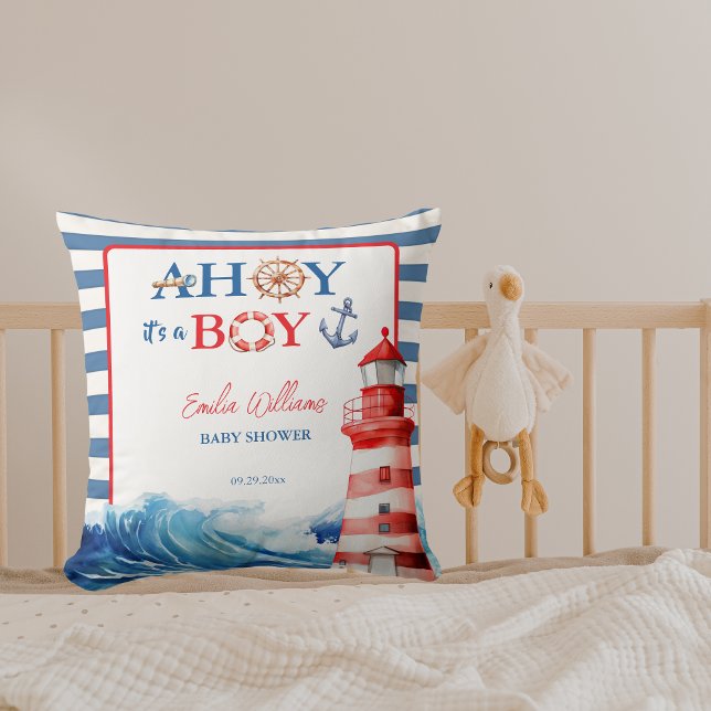  Blue Red Nautical Ahoy Boy Lighthouse Baby Shower Throw Pillow (Creator Uploaded)