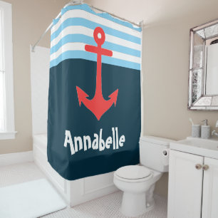 Blue Red Nautical Anchor Stripes Shower Curtain