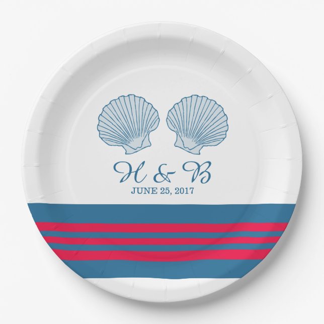 Blue Red Nautical Seashells Paper Plates (Front)