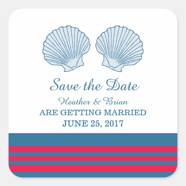 Blue Red Nautical Seashells Save the Date Square Sticker (Front)