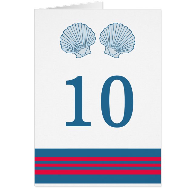 Blue Red Nautical Seashells Table Number Card (Front)
