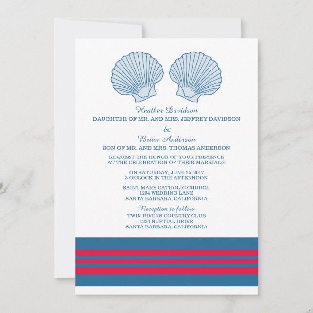Blue Red Nautical Seashells Wedding Invite (Front)