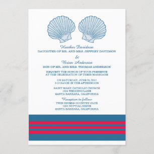 Blue Red Nautical Seashells Wedding Invite