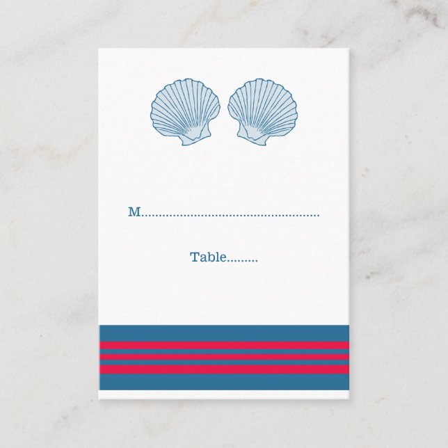 Blue Red Nautical Seashells Wedding Place Cards (Front)