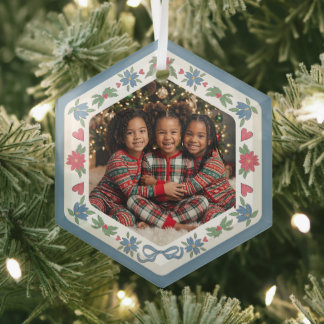 Blue Red Nordic Christmas Frame Hexagon Photo Glass Ornament