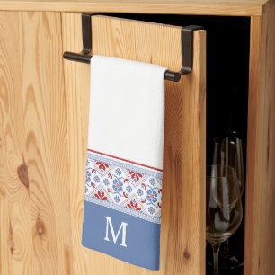 Blue Red Nordic Flower Pattern Monogram Kitchen Towel