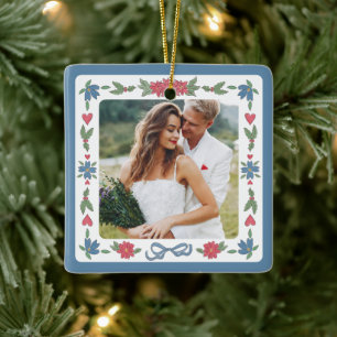Blue Red Nordic Folk Frame Photo First Christmas Ceramic Ornament