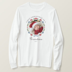 Blue Red Nordic Folk Photo 1st Christmas Grandma T-Shirt