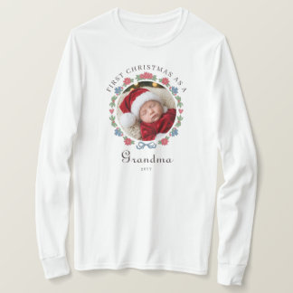 Blue Red Nordic Folk Photo 1st Christmas Grandma T-Shirt
