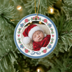 Blue Red Nordic Photo Baby's First Christmas Ceramic Ornament