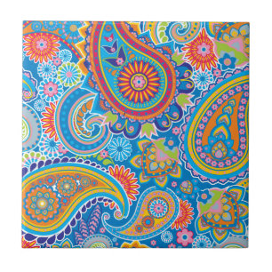 Blue, red, orange and yellow paisley ceramic tile