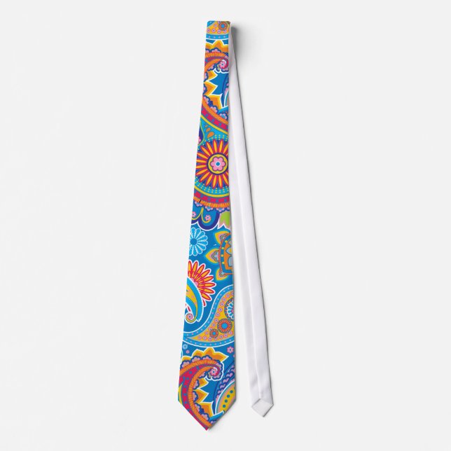 Blue, red, orange and yellow paisley neck tie (Front)