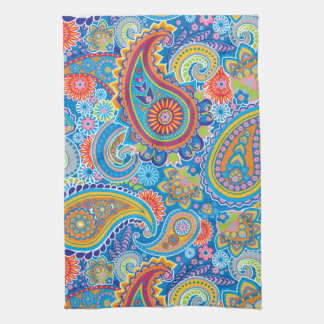 Blue, red, orange and yellow paisley towel