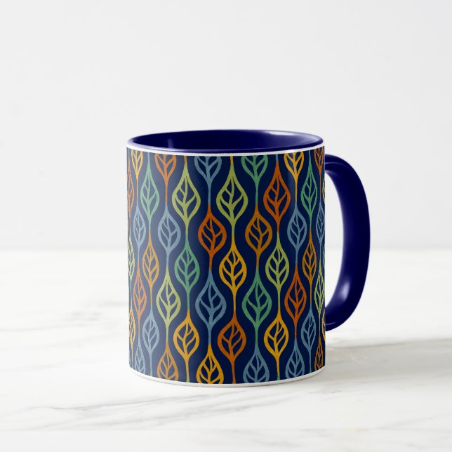 Blue Red Orange Green Teal Fall Leaves Pattern Mug (Front Right)