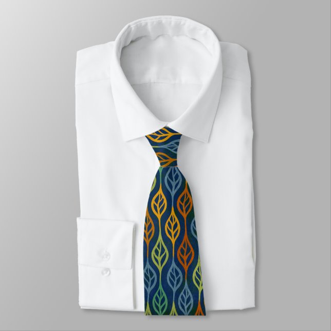 Blue Red Orange Green Teal Fall Leaves Pattern Neck Tie (Tied)