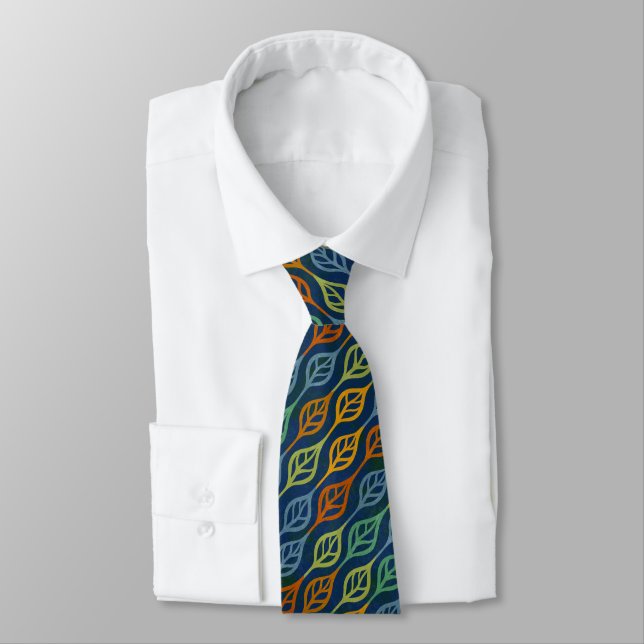 Blue Red Orange Green Teal Fall Leaves Pattern Neck Tie (Tied)