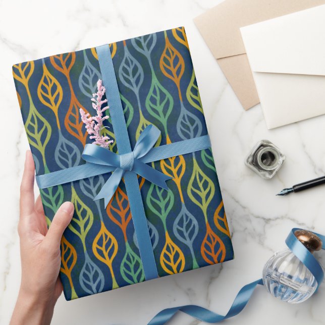 Blue Red Orange Green Teal Fall Leaves Pattern Wrapping Paper (Gifting)
