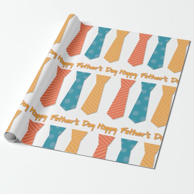 Blue Red Orange Stripes Ties Happy Father's Day Wrapping Paper (Unrolled)