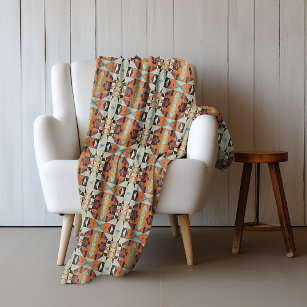 Blue Red Orange Taupe Brown Black Tribal Art Fleece Blanket