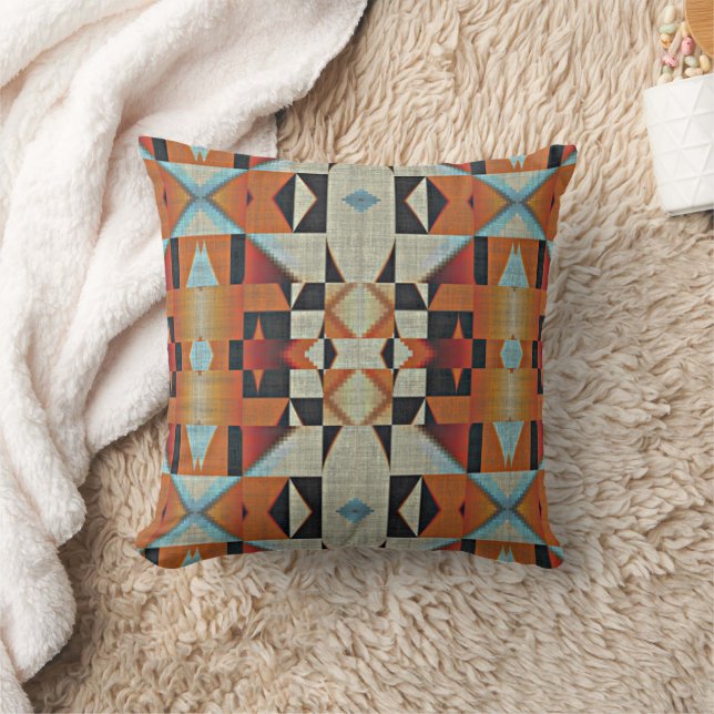 Blue Red Orange Taupe Brown Black Tribal Art Throw Pillow (Blanket)
