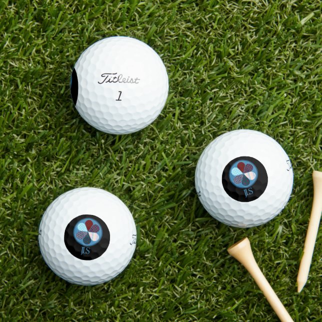 BLUE RED PATCHWORK FLOWER SHAPE MONOGRAM INITIALS GOLF BALLS (Insitu Grass)