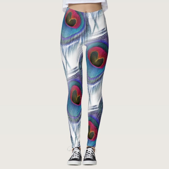 Blue Red Peacock Feathers Leggings (Front)