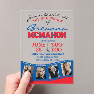 Blue & Red Photo Graduation Filmstrip Frosted Acrylic Invitations
