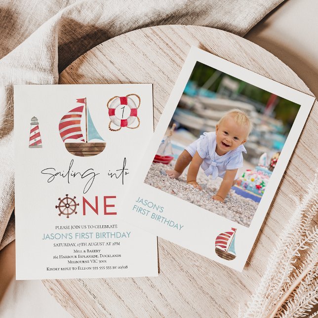Blue Red Photo Nautical Sail Boat 1st Birthday Invitation (Sweet nautical themed sailing into one 1st birthday invitation with a photo on the back.)